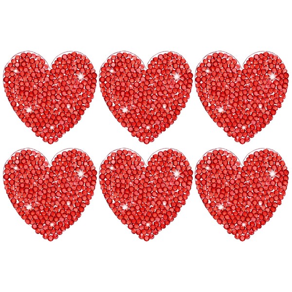 M METERXITY 6-Pack Rhinestone Heart Iron-on Patches 4.5cm Red Adhesive