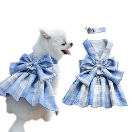 Aimondow Cute Dog Dress, Plaid Harness Leash Set for Small Dogs Cats, Spring Summer Girl Princess Dog Bow Tie Dresses, Puppy Outfits Yorkie Chihuahua Dog Clothes for Wedding Festive Everyday