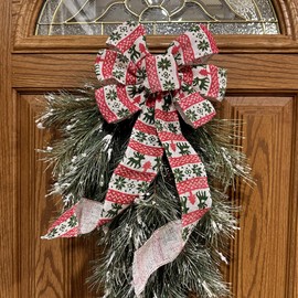 Red White Green Fair Isle Christmas Bow - 10" Wide, 18", Christmas Tree Topper, Nordic Pattern, Door Decor, Swag, Wreath, Garland Decor