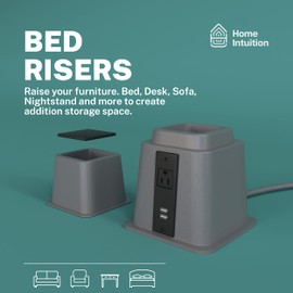 Home Intuition Heavy Duty Adjustable Bed Risers Furniture Riser 3, 5 or 8-Inch, 2 Pack, 16 Pieces Set (Grey W/USB)