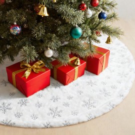 Prmape Christmas Tree Skirt 123 cm, Round White with Snowflake Pattern, Thick Knitted 3D Plush Christmas Tree Stand Rug for Snow, Christmas Tree Decoration