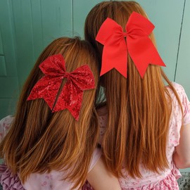 Classicseali 4pcs Red Cheer Bow, 7 In Sequin Large Red Hair Bows Clips, 2 Different Cheer Bows for Cheerleaders, Hair Bow For Baby Girls, Toddler, Kids,Young Women Birthday Party Wedding Christmas