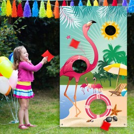 Blulu Flamingo Toss Games with 3 Nylon Bean Bags Hawaiian Summer Flamingo Backdrop Banner for Luau Party Game Birthday Decoration Carnival Party Supplies