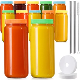 12 PACK, 16 OZ Glass Juice Bottles with Airtight Lids, Bonus 2 Straws & Perforated Lids, Reusable Juicer, Juicing Bottles - Clear Drinking Jars Cups, Water Bottle, Travel Juice Container, Color Caps