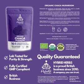 HYBRID HERBS – Organic Wild Chaga Mushroom Powder 10X Strength - Supplement for Energy, Skin & Brain Support Rich in Antioxidants & Beta Glucans | HIGH Potency 10:1 Extract - 56 Serving (56g)