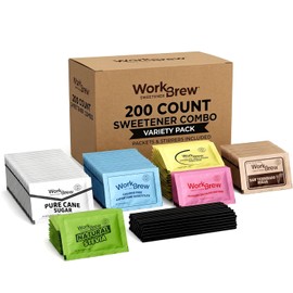 WorkBrew Sweetener Packets Variety Pack with Stirrers, 200 Count, Individually Wrapped Coffee Sweeteners, Stevia, Cane Sugar, Raw Sugar, Sucralose, Aspartame, Saccharin