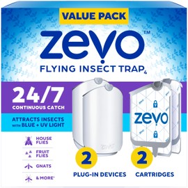 Zevo 2 Flying Insect Traps & 2 Refill Cartridges - Plug in Fly Trap & Indoor Bug Catcher for Gnats, House & Fruit Flies - Blue & UV Light Technology, Mess-Free Alternative to Bug Zapper