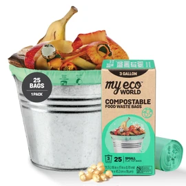 MyEcoWorld® Compostable Kitchen Waste Bags - 25 Count - 100% Certified Compostable - 3 Gallon - Super Strong - Leak Proof - Unscented - Easy to Open