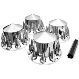 4 Pack of Rear Chrome Spiked Axle Wheel Cover Combo Kit ABS Plastic Removable Wheel Hub Caps with 33mm Thread-On Spiked Lug Nut Covers for Semi Trucks (Rear 4)