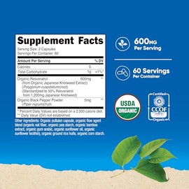 Nutricost Organic Resveratrol (600mg) 120 Capsules, USDA Organic, 60 Serv | Gluten-Free, CCOF Certified, Vegan, GMO-Free