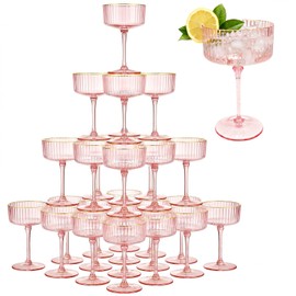Zealor 28PCS Plastic Martini Glasses Disposable, 10oz Gold Rimmed Martini Glasses Plastic Reusable with Rim and Stem, Transparent Striped Detachable Champagne Coupe Cocktail Cups for Wedding Party Bar