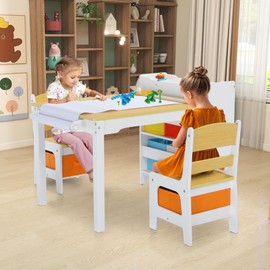 TODEFULL Kids Art Table & Chairs Set, Wooden Activity Table with 2 Chairs, Kids Craft Desk W/8 Storage Bins and Paper Roll, Toddler Furniture Set for Art, Crafts, Drawing, Reading, Natural