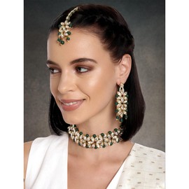 Aheli Faux Kundan Pearl Bridal Choker Necklace Indian Traditional Bollywood Jewelry Set with Earring Maang Tikka for Women