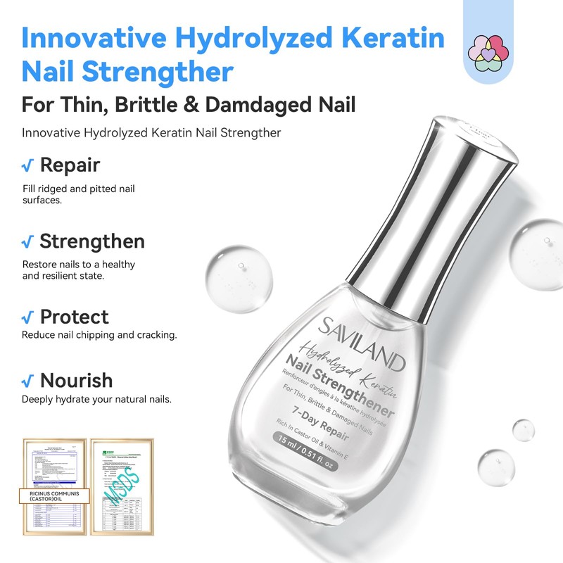 SAVILANDプロ ネイル ストレングスナー 7日間リペア：ジェルネイル 爪強化 ケラチン キャスターオイル VE クリアネイルポリッシュ ダメージを受けた爪、もろい爪、薄い爪の成長のためのネイルストレングスナー