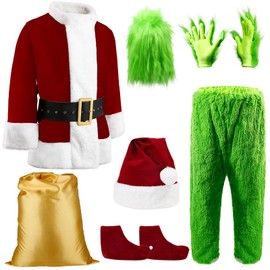 LAurth Christmas Green Monster Costume for Men 5 Pcs Furry Adult Santa Claus Costume Santa Suit (Green, S/M), Small/Medium
