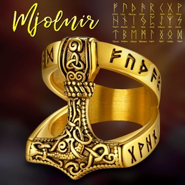 FaithHeart Men's Finger Ring, Thor's Hammer Ring with Rune, Retro Viking Mjölnir Ring with Celtic Knot, Viking Finger Ring for Men, Boys, Women