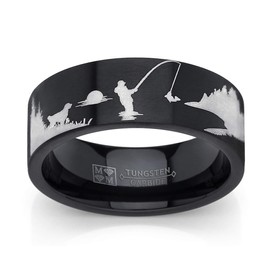 Metal Masters Men's Co. Black Tungsten Trout Lake Fly Fishing Enthusiasts Ring, Outdoor Scenery Band 8mm 9