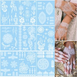 9 Sheets Henna Tattoos, Henna Temporary Tattoos White Waterproof Tattoo Stickers for Women Wedding Party Festivals, Parties Decoration