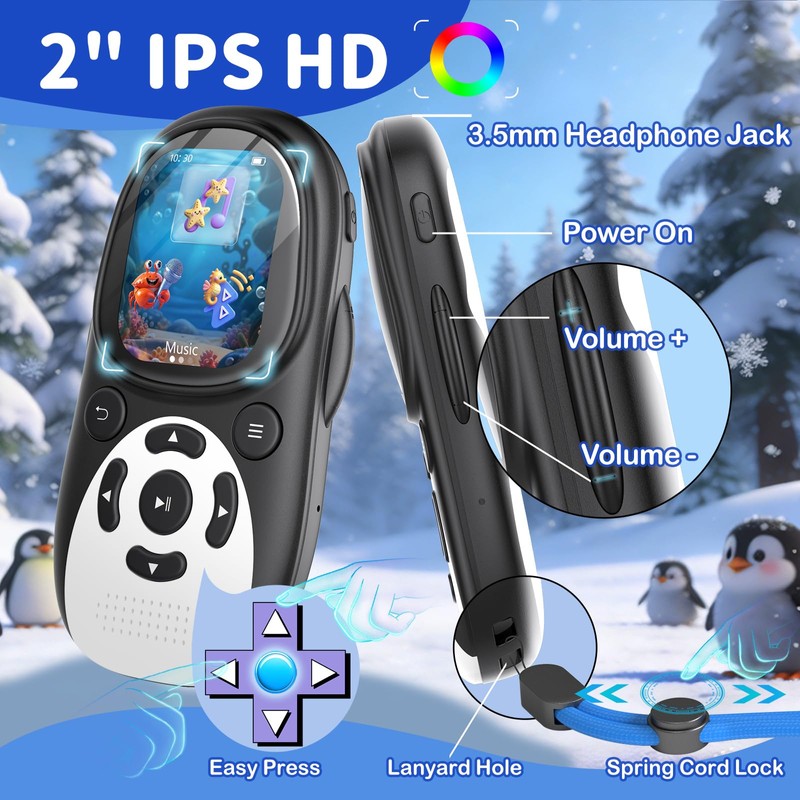 ODEJOI 64GB Cute Penguin MP3 Player for Kids with Bluetooth