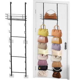 Organizador de bolsos sobre la puerta con 16 ganchos y cesta de metal, para guardar bolsos en la pared con capacidad para 16 bolsas, diseño 2 en 1 aju