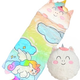 Nalexmi Sleeping Bag with Pillow, Nap Mats for Kids, Sleeping Bag for Kids, Slumber Bag, Animal Sleeping Bags, Unicorn with Pillow, Happy