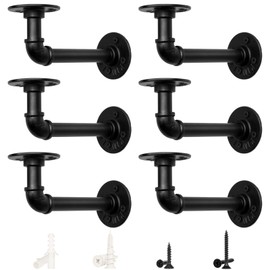 LuckIn Pipe Shelf Brackets for DIY 8 10 12 Inch Floating Shelves, Industrial Iron Pipe Bracket, Heavy Duty Metal Shelving Brackets, Black, 6-Pack