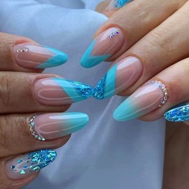 French Tip Press on Nails Medium Almond Blue Fake Nails With Rhinestones Glitter Designs False Nails Full Cover Glue on Nails Nude Acrylic Artificial Nails for Women Stick on Nails Supplies 24Pcs
