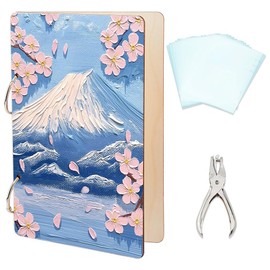 SUPERDANT 3D Mountain and Cherry Blossom Greeting Card Organizer Flowers Wooden Card Keeper Storage Birthday Postcard Binder Photo Album Cover with Punch and 20pcs Inner Pockets Keepsake Gifts
