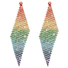 Rhinestone Earrings for Women Statement Rainbow Rhinestone Fringe Earrings Boho Chandelier Drop Dangle Earrings Pride Bride Wedding Jewelry Gift (Rainbow Tassel B)