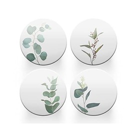 4 x Round Sage Green Coasters - Leaves Leaf Pattern Floral Women Set Theme House Warming Circle Drinks Kitchen Decoration Décor Gift #80206