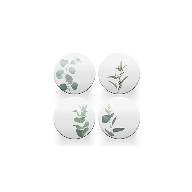 4 x Round Sage Green Coasters - Leaves Leaf Pattern