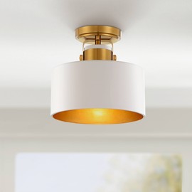 Possini Euro Design Courtney Modern Industrial Ceiling Light Semi Flush-Mount Fixture 10" Wide Soft Gold Metal Matte White Drum Shade for Bedroom Kitchen Living Room Hallway Bathroom House Home