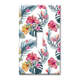 Art Plates 1-Gang Toggle OVERSIZED Switch Plate - OVER SIZE Decorative Metal Wall Plate - Pink Flowers with Palm Fronds - (Made in USA)