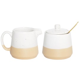 Bosmarlin Ceramic Sugar and Creamer Set, Sugar Bowl with Lid and Spoon, 3 Piece Set with Cream Pitcher, White Coffee Serving Set (White)