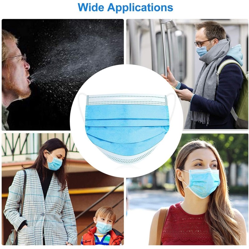 50pcs Blue Disposable Face Mask for Adults Women Men, 3-Ply
