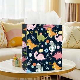 LEAYUGF 13" Large Cartoon Dinosaur Happy Birthday Gift Bags with Tissue Paper For Boy Birthday Party Baby Shower Anniversaries Supplies with Handles