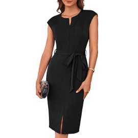 Womens Classy Church Dresses Short Sleeve Bodycon Work Dress Interview Outfits Midi Office Dress Business Sheath Black 2XL