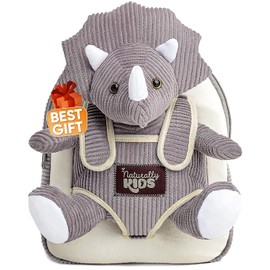 Naturally KIDS Small Dinosaur Backpack - Triceratops Dinosaur Toys for Kids 3-5 - Toddler Backpack for Boys & Girls - Grey Plush Stuffed Animal