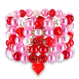 BSJELL 5 Pack Beaded Bracelet Stackable Christmas Thanksgiving St. Patrick’s Day Valentine's Day Beaded Stretch Bracelet Holiday Charm Bracelets Festive Jewelry Gifts for Women (Pink Red)
