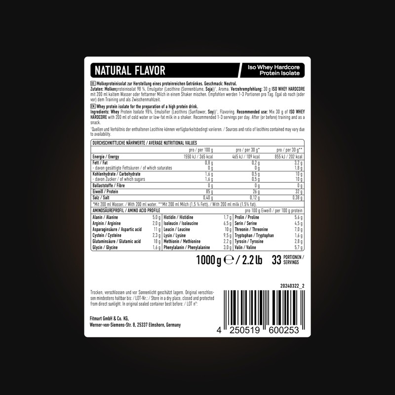 ESN Iso Whey Hardcore Protein Powder, Natural, 1000 g