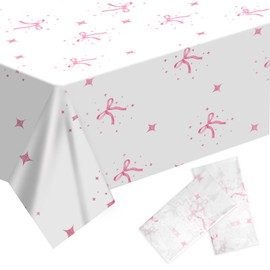 2pcs Pink Bow Tablecloth, 9x4.5ft Glitter Bow Table Cloth Plastic Table Cover Waterproof Coquette Decor Pink Bow Party Decorations for Girls Women