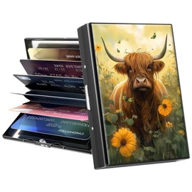 GFRGTFHYT Credit Card Holder, Mini RFID Blocking Metal Card Wallet for Women Men Girls Slim ID Card Holders Protector Aluminum Business Hard Cards Case Travel Wallet Shell, Art Highland Cow