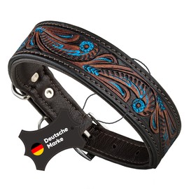 MICHUR Luis Dog Collar Leather, Dog Leather Collar, Collar, Brown with Blue Accents and Beautiful Punching Pattern, Leather, Available in Different Sizes
