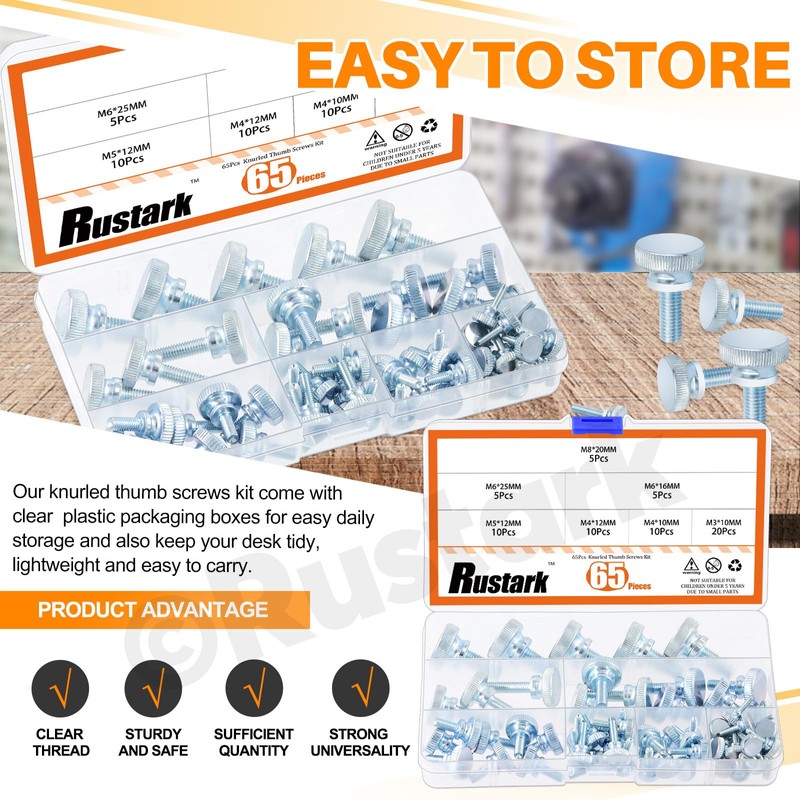 Rustark 65Pcs 7 Sizes Zinc Plated Knurled Thumb Screws Flat