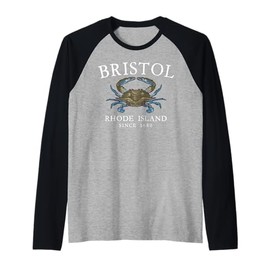 Bristol Rhode Island Blue Claw Crab Since 1680 Arched White Raglan Baseball Tee