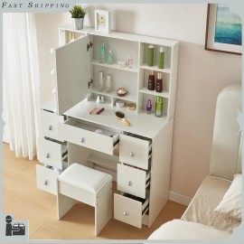 Yamissi Large Vanity Makeup Table with 10 LED Lighted Mirror and 7 Drawers Dressing Desk