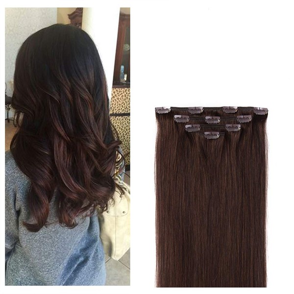 16" Clip in Hair Extensions Remy Human Hair for Women - Silky Straight Human Hair Clip in Extensions 55grams 4pieces Dark Brown #2 Color