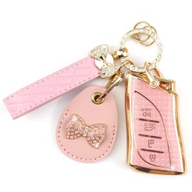 Rayslesan Key Fob Cover with Leather Holder Compatible with Airtag/RFID,Compatible with Lexus GX ES NX RC LC LS UX,RFID Protector,Car Key Accessories(4-Button, Gold Pink)