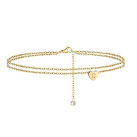 26 Initials Double Layer Anklet, Beautiful Simple Ankle Jewelry Beach Vacation Ankle Chain for Women and Girls (C)