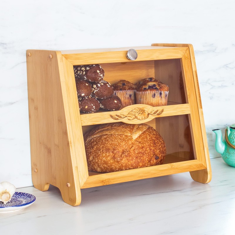 Totally Bamboo Double Layer Farmhouse Bread Box with Window for